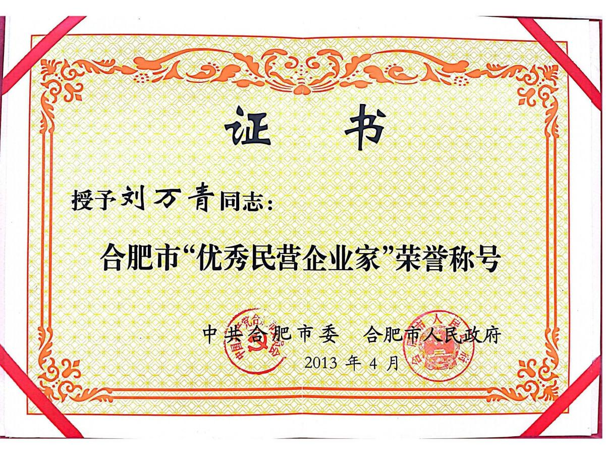 董事長劉萬青被合肥市委、合肥市人民政府授予“合肥市優(yōu)秀民營企業(yè)家”榮譽稱號